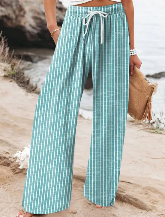 Clearance Women's Wide Leg Chinos Beach Shorts Vacation Fashion Casual Full Length High Waist Graphic Stripe Drawstring Printing Soft Breathable Micro-elastic Vacation Casual Daily Violet Robin's Egg Blue Green Women Pants