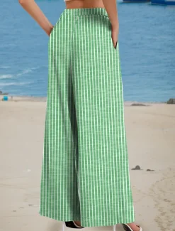 Clearance Women's Wide Leg Chinos Beach Shorts Vacation Fashion Casual Full Length High Waist Graphic Stripe Drawstring Printing Soft Breathable Micro-elastic Vacation Casual Daily Violet Robin's Egg Blue Green Women Pants