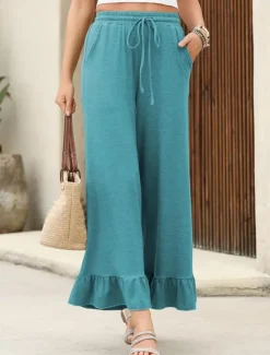 Clearance Women's Wide Leg Chinos Cropped Pants Basic Casual Ankle-Length High Waist Plain Pocket Elastic Waistband Comfy Soft Comfortable Micro-elastic Outdoor Street Black Pink Navy Blue Blue Summer Spring Women Pants