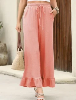 Clearance Women's Wide Leg Chinos Cropped Pants Basic Casual Ankle-Length High Waist Plain Pocket Elastic Waistband Comfy Soft Comfortable Micro-elastic Outdoor Street Black Pink Navy Blue Blue Summer Spring Women Pants