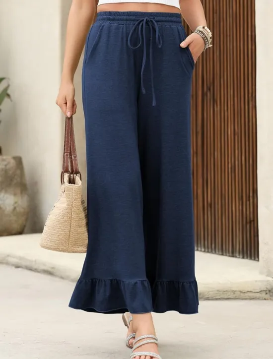 Clearance Women's Wide Leg Chinos Cropped Pants Basic Casual Ankle-Length High Waist Plain Pocket Elastic Waistband Comfy Soft Comfortable Micro-elastic Outdoor Street Black Pink Navy Blue Blue Summer Spring Women Pants