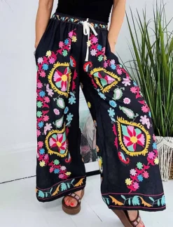 Discount Women's Wide Leg Chinos Fashion Streetwear Full Length High Waist Floral Pocket Elastic Waistband Comfy Soft Comfortable Micro-elastic Outdoor Street Spring & Fall Regular Fit Women Pants