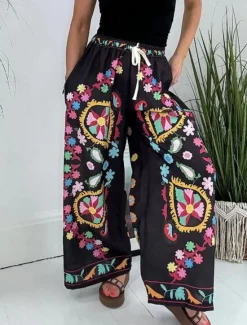 Discount Women's Wide Leg Chinos Fashion Streetwear Full Length High Waist Floral Pocket Elastic Waistband Comfy Soft Comfortable Micro-elastic Outdoor Street Spring & Fall Regular Fit Women Pants