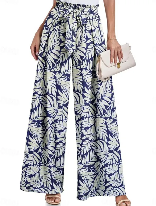 Outlet Women's Wide Leg Chinos Fashion Streetwear Full Length High Waist Floral Leaf Pocket Elastic Waistband Printing Comfy Soft Comfortable Micro-elastic Outdoor Street Navy-blue Light Green Wine Blue Women Pants