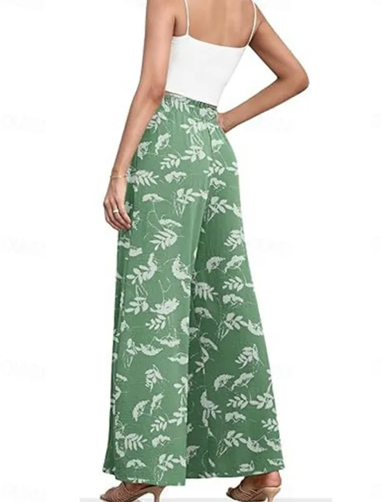 Outlet Women's Wide Leg Chinos Fashion Streetwear Full Length High Waist Floral Leaf Pocket Elastic Waistband Printing Comfy Soft Comfortable Micro-elastic Outdoor Street Navy-blue Light Green Wine Blue Women Pants