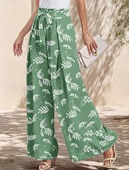 Outlet Women's Wide Leg Chinos Fashion Streetwear Full Length High Waist Floral Leaf Pocket Elastic Waistband Printing Comfy Soft Comfortable Micro-elastic Outdoor Street Navy-blue Light Green Wine Blue Women Pants