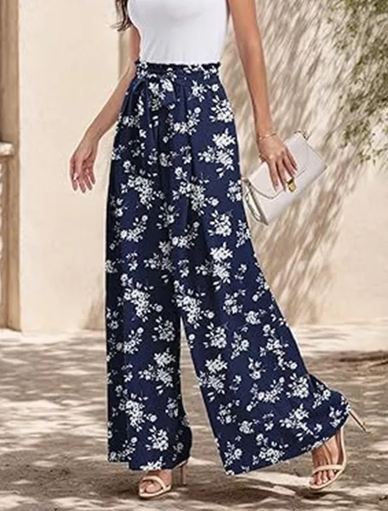 Outlet Women's Wide Leg Chinos Fashion Streetwear Full Length High Waist Floral Leaf Pocket Elastic Waistband Printing Comfy Soft Comfortable Micro-elastic Outdoor Street Navy-blue Light Green Wine Blue Women Pants