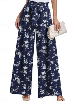 Outlet Women's Wide Leg Chinos Fashion Streetwear Full Length High Waist Floral Leaf Pocket Elastic Waistband Printing Comfy Soft Comfortable Micro-elastic Outdoor Street Navy-blue Light Green Wine Blue Women Pants