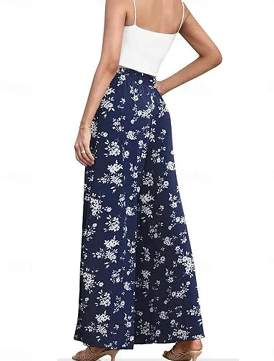 Outlet Women's Wide Leg Chinos Fashion Streetwear Full Length High Waist Floral Leaf Pocket Elastic Waistband Printing Comfy Soft Comfortable Micro-elastic Outdoor Street Navy-blue Light Green Wine Blue Women Pants