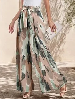 Outlet Women's Wide Leg Chinos Fashion Streetwear Full Length High Waist Floral Leaf Pocket Elastic Waistband Printing Comfy Soft Comfortable Micro-elastic Outdoor Street Navy-blue Light Green Wine Blue Women Pants