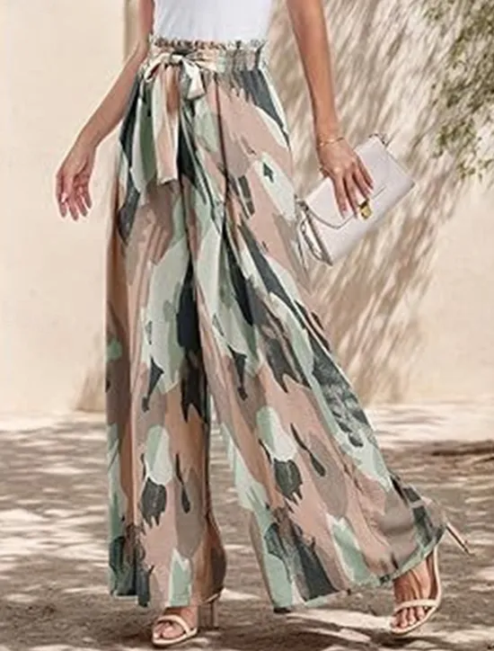 Outlet Women's Wide Leg Chinos Fashion Streetwear Full Length High Waist Floral Leaf Pocket Elastic Waistband Printing Comfy Soft Comfortable Micro-elastic Outdoor Street Navy-blue Light Green Wine Blue Women Pants