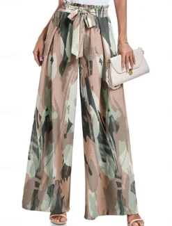 Outlet Women's Wide Leg Chinos Fashion Streetwear Full Length High Waist Floral Leaf Pocket Elastic Waistband Printing Comfy Soft Comfortable Micro-elastic Outdoor Street Navy-blue Light Green Wine Blue Women Pants