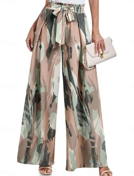 Outlet Women's Wide Leg Chinos Fashion Streetwear Full Length High Waist Floral Leaf Pocket Elastic Waistband Printing Comfy Soft Comfortable Micro-elastic Outdoor Street Navy-blue Light Green Wine Blue Women Pants