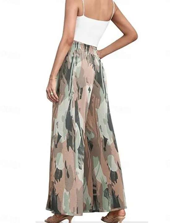 Outlet Women's Wide Leg Chinos Fashion Streetwear Full Length High Waist Floral Leaf Pocket Elastic Waistband Printing Comfy Soft Comfortable Micro-elastic Outdoor Street Navy-blue Light Green Wine Blue Women Pants