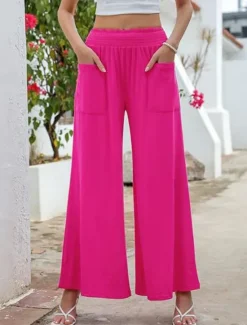 New Women's Wide Leg Chinos Fashion Streetwear Full Length High Waist Plain Pocket Elastic Waistband Comfy Soft Comfortable Micro-elastic Outdoor Street Apricot Fuchsia Summer Spring Regular Fit Women Pants