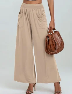 New Women's Wide Leg Chinos Fashion Streetwear Full Length High Waist Plain Pocket Elastic Waistband Comfy Soft Comfortable Micro-elastic Outdoor Street Apricot Fuchsia Summer Spring Regular Fit Women Pants