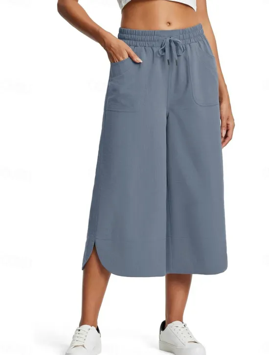 Clearance Women's Wide Leg Chinos Fashion Streetwear Calf-Length High Waist Plain Pocket Elastic Waistband Comfy Soft Comfortable Micro-elastic Outdoor Street Navy-blue Army Green Black Blue Summer Spring Women Pants