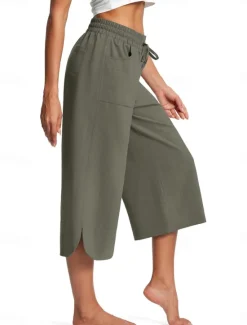 Clearance Women's Wide Leg Chinos Fashion Streetwear Calf-Length High Waist Plain Pocket Elastic Waistband Comfy Soft Comfortable Micro-elastic Outdoor Street Navy-blue Army Green Black Blue Summer Spring Women Pants