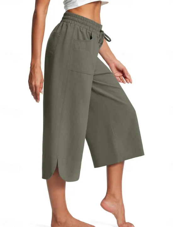 Clearance Women's Wide Leg Chinos Fashion Streetwear Calf-Length High Waist Plain Pocket Elastic Waistband Comfy Soft Comfortable Micro-elastic Outdoor Street Navy-blue Army Green Black Blue Summer Spring Women Pants