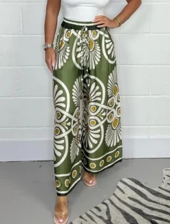 Women's Wide Leg Chinos Fashion Streetwear Full Length High Waist Floral Elastic Waistband Print Comfy Soft Comfortable Micro-elastic Outdoor Street Apple Green Black Dark Navy Green Summer Spring Women Pants|Spring Pants