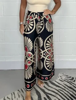 Women's Wide Leg Chinos Fashion Streetwear Full Length High Waist Floral Elastic Waistband Print Comfy Soft Comfortable Micro-elastic Outdoor Street Apple Green Black Dark Navy Green Summer Spring Women Pants|Spring Pants