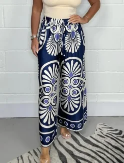 Women's Wide Leg Chinos Fashion Streetwear Full Length High Waist Floral Elastic Waistband Print Comfy Soft Comfortable Micro-elastic Outdoor Street Apple Green Black Dark Navy Green Summer Spring Women Pants|Spring Pants