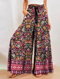 Women's Wide Leg Chinos Fashion Streetwear Full Length High Waist Floral Pocket Elastic Waistband Print Comfy Soft Comfortable Micro-elastic Outdoor Street Spring & Fall Regular Fit Women Spring Pants