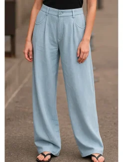 Clearance Women's Wide Leg Chinos Pants Trousers Basic Casual Full Length High Waist Plain Comfort Outdoor Inelastic Vacation Street Daily Pink Beige Gray Light Blue Summer Spring Loose Fit Women Pants