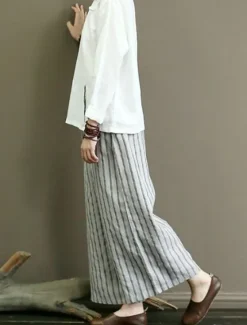 Discount Women's Wide Leg Chinos Pants Trousers Vintage Fashion Lightweight Full Length Mid Waist Striped Pocket Elastic Waist Baggy Breathability Comfortable Micro-elastic Vacation Casual Daily Black White Women Pants