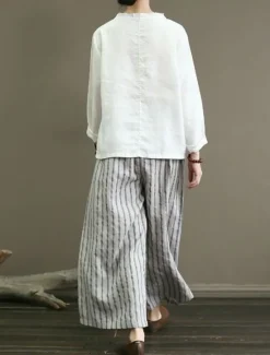 Discount Women's Wide Leg Chinos Pants Trousers Vintage Fashion Lightweight Full Length Mid Waist Striped Pocket Elastic Waist Baggy Breathability Comfortable Micro-elastic Vacation Casual Daily Black White Women Pants