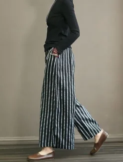 Discount Women's Wide Leg Chinos Pants Trousers Vintage Fashion Lightweight Full Length Mid Waist Striped Pocket Elastic Waist Baggy Breathability Comfortable Micro-elastic Vacation Casual Daily Black White Women Pants