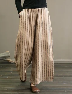 Discount Women's Wide Leg Chinos Pants Trousers Vintage Fashion Lightweight Full Length Mid Waist Striped Pocket Elastic Waist Baggy Breathability Comfortable Micro-elastic Vacation Casual Daily Black White Women Pants
