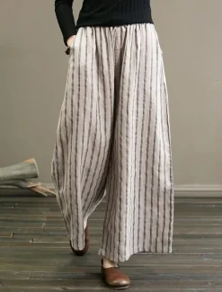 Discount Women's Wide Leg Chinos Pants Trousers Vintage Fashion Lightweight Full Length Mid Waist Striped Pocket Elastic Waist Baggy Breathability Comfortable Micro-elastic Vacation Casual Daily Black White Women Pants
