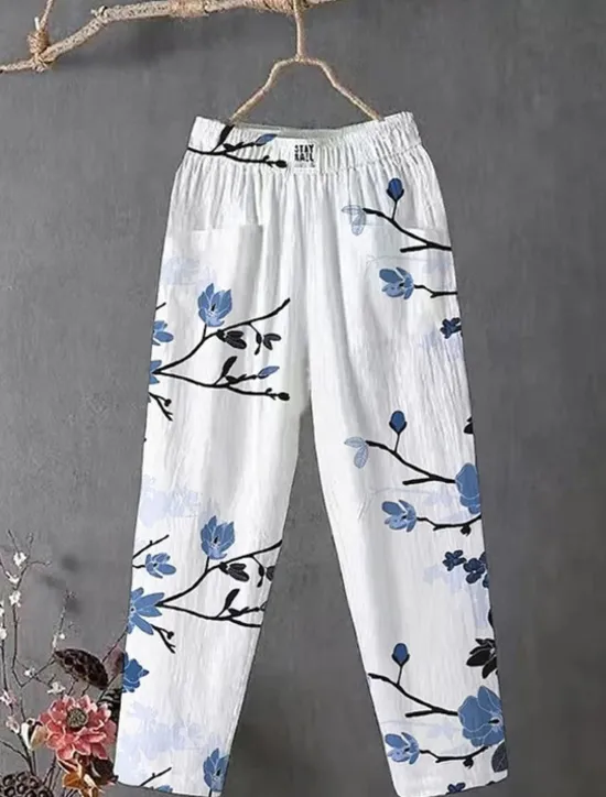 Sale Women's Wide Leg Chinos Slacks Vacation Vintage Ethnic Style Full Length High Waist Floral Graphic Animal Pocket Comfy Breathability Lightweight Inelastic Outdoor Vacation Causal White Blue Summer Women Pants