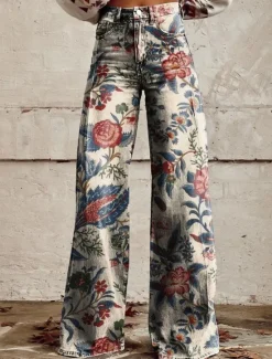 Best Women's Wide Leg Chinos Vacation Fashion Streetwear Full Length High Waist Floral Pocket Printing Comfy Soft Comfortable Micro-elastic Outdoor Street White Yellow Navy Blue Blue Summer Spring Regular Women Pants