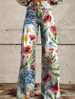 Best Women's Wide Leg Chinos Vacation Fashion Streetwear Full Length High Waist Floral Pocket Printing Comfy Soft Comfortable Micro-elastic Outdoor Street White Yellow Navy Blue Blue Summer Spring Regular Women Pants