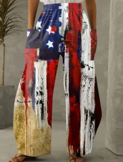 Sale Women's Wide Leg Chinos Vacation Fashion Streetwear Full Length High WaistPants Flag Pocket Elastic Waistband Printing Comfy Soft Comfortable Micro-elastic Outdoor Women Independence Day Bottoms