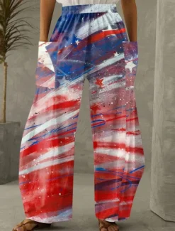 Sale Women's Wide Leg Chinos Vacation Fashion Streetwear Full Length High WaistPants Flag Pocket Elastic Waistband Printing Comfy Soft Comfortable Micro-elastic Outdoor Women Independence Day Bottoms