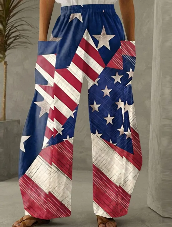 Sale Women's Wide Leg Chinos Vacation Fashion Streetwear Full Length High WaistPants Flag Pocket Elastic Waistband Printing Comfy Soft Comfortable Micro-elastic Outdoor Women Independence Day Bottoms