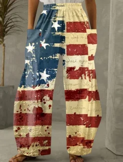 Sale Women's Wide Leg Chinos Vacation Fashion Streetwear Full Length High WaistPants Flag Pocket Elastic Waistband Printing Comfy Soft Comfortable Micro-elastic Outdoor Women Independence Day Bottoms