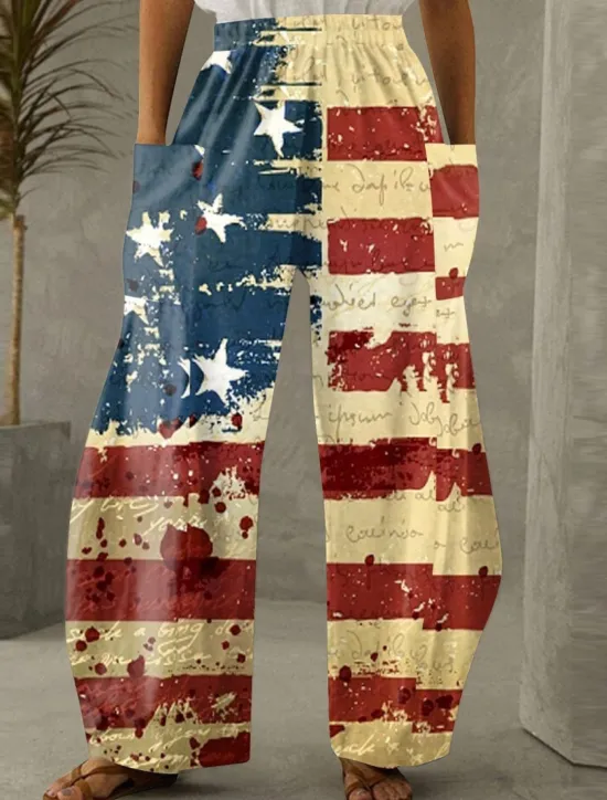 Sale Women's Wide Leg Chinos Vacation Fashion Streetwear Full Length High WaistPants Flag Pocket Elastic Waistband Printing Comfy Soft Comfortable Micro-elastic Outdoor Women Independence Day Bottoms