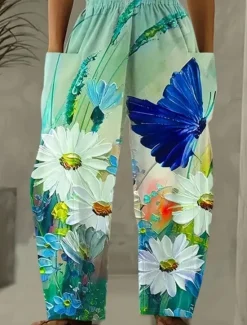 Outlet Women's Wide Leg Chinos Vacation Vintage Ethnic Style Full Length High Waist Floral Graphic Abstract Elastic Waistband Inelastic Causal Casual Daily Purple Green Light Green Summer Spring Loose Fit Women Pants