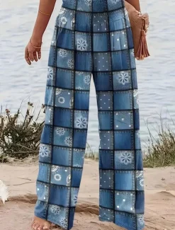 Online Women's Wide Leg Chinos Vacation Vintage Ethnic Style Long High Waist Graphic Plaid Checkered Pocket Elastic Waistband Comfy Soft Comfortable Micro-elastic Outdoor Street Blue Orange Summer Spring Women Pants