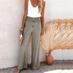 Women's Wide Leg Cotton Linen Pants Baggy Pants Vacation Solid Full Length Mid Waist Elastic Waist Wide Leg Baggy Comfort Micro-elastic Casual Holiday Black White Wine Green Summer Spring Regular Fit Women Pants