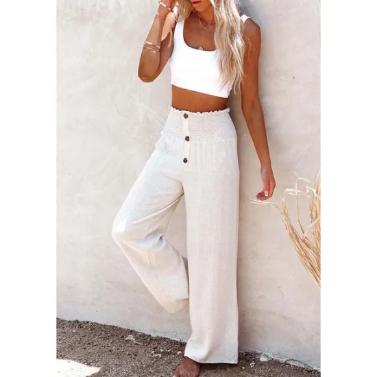 Women's Wide Leg Cotton Linen Pants Baggy Pants Vacation Solid Full Length Mid Waist Elastic Waist Wide Leg Baggy Comfort Micro-elastic Casual Holiday Black White Wine Green Summer Spring Regular Fit Women Pants