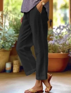 Clearance Women's Wide Leg Cotton Linen Pants Cropped Pants Fashion Streetwear Simple Ankle-Length High Waist Plain Pocket High Cut Straight Leg Comfort Breathability Soft Micro-elastic Vacation Street Daily Women Pants