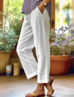Clearance Women's Wide Leg Cotton Linen Pants Cropped Pants Fashion Streetwear Simple Ankle-Length High Waist Plain Pocket High Cut Straight Leg Comfort Breathability Soft Micro-elastic Vacation Street Daily Women Pants