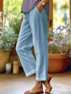 Clearance Women's Wide Leg Cotton Linen Pants Cropped Pants Fashion Streetwear Simple Ankle-Length High Waist Plain Pocket High Cut Straight Leg Comfort Breathability Soft Micro-elastic Vacation Street Daily Women Pants