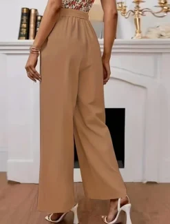 Best Women's Wide Leg Cotton Linen Pants Chinos Classic Style Full Length High Waist Plain Elastic Waistband Comfy Soft Comfortable Micro-elastic Outdoor Street Black Summer Fall Regular Fit Women Pants