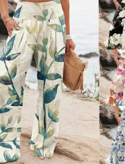 Online Women's Wide Leg Cotton Linen Pants Slacks Streetwear Casual Full Length Natural Floral Pocket Printing Comfy Outdoor Outdoor Vacation Street Black Grey Orange red Forest Green Depression Green Summer Women Pants